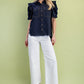 Dark Navy Ruffled Gathered Sleeve Linen Button Up Shirt Top