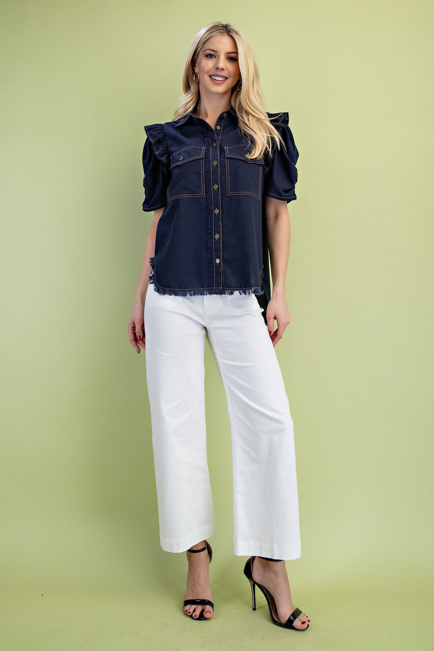 Dark Navy Ruffled Gathered Sleeve Linen Button Up Shirt Top