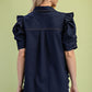 Dark Navy Ruffled Gathered Sleeve Linen Button Up Shirt Top