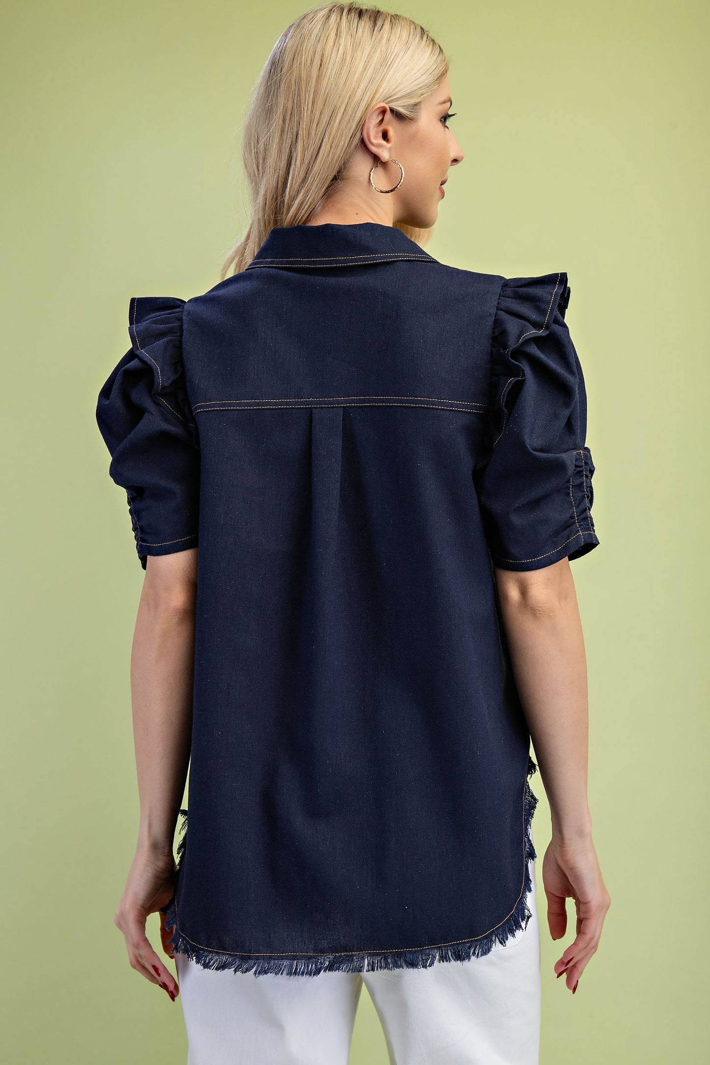 Dark Navy Ruffled Gathered Sleeve Linen Button Up Shirt Top