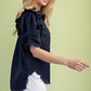 Dark Navy Ruffled Gathered Sleeve Linen Button Up Shirt Top