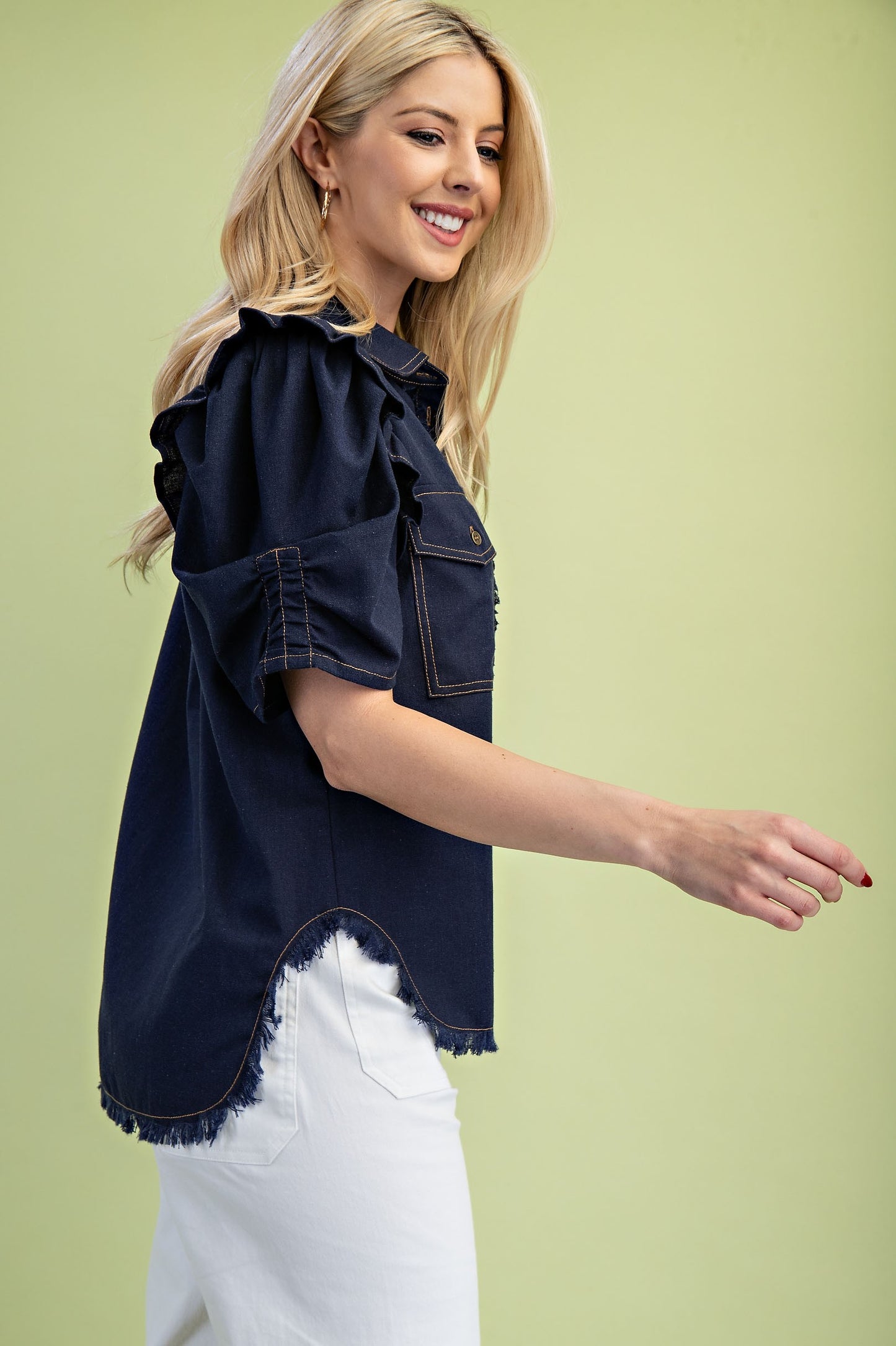 Dark Navy Ruffled Gathered Sleeve Linen Button Up Shirt Top