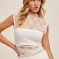 White Ruched Side Detail Lace Mock Neck Top