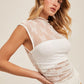 White Ruched Side Detail Lace Mock Neck Top