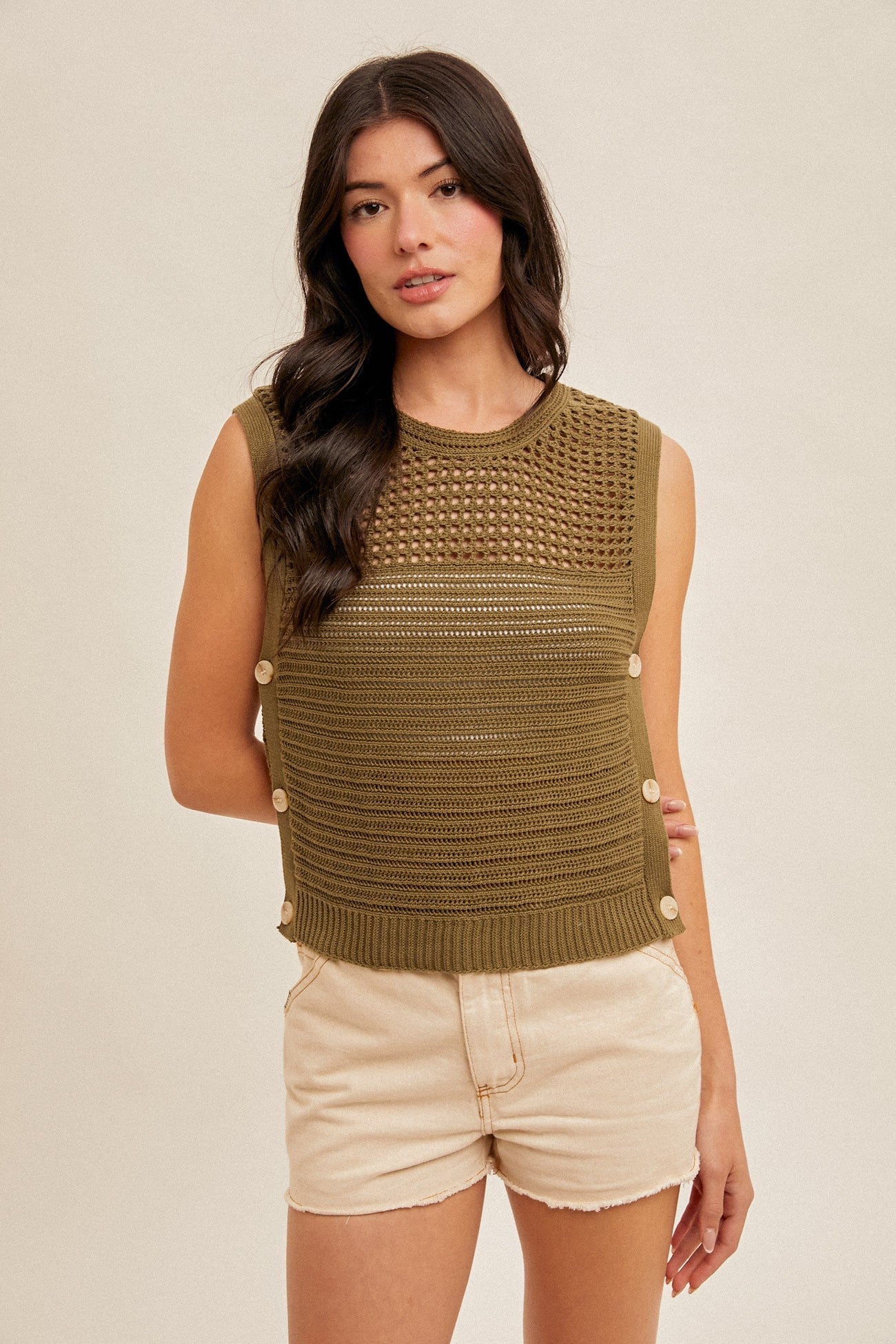 Side Button Cotton Sweater Sleeveless Top (Assorted Colors)