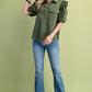 Olive Ruffled Gathered Sleeve Linen Button Up Shirt Top