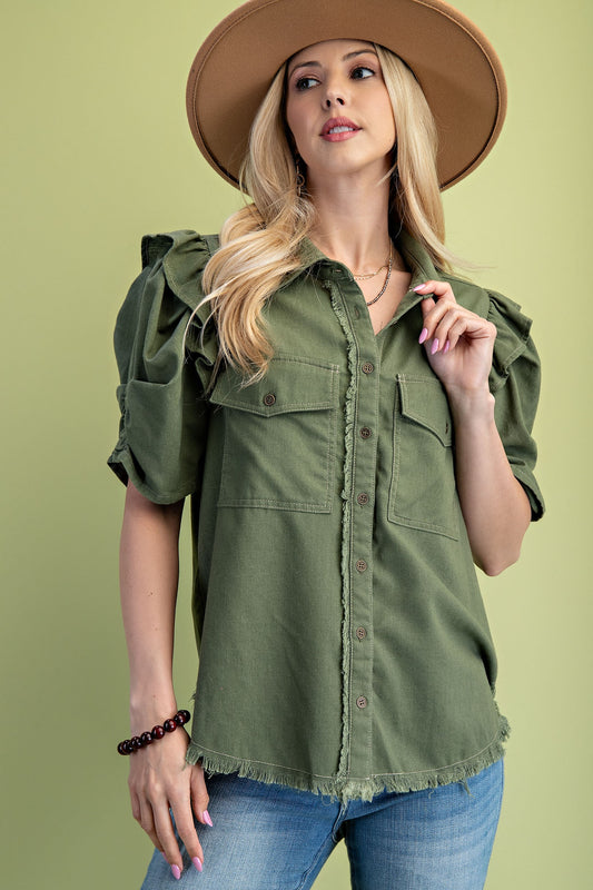 Olive Ruffled Gathered Sleeve Linen Button Up Shirt Top