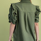 Olive Ruffled Gathered Sleeve Linen Button Up Shirt Top