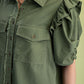 Olive Ruffled Gathered Sleeve Linen Button Up Shirt Top