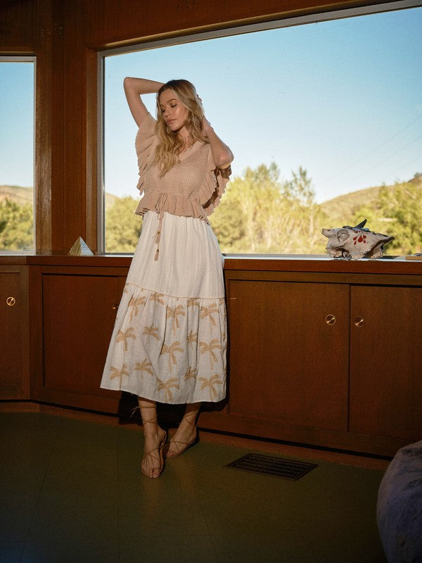Open Knit Ruffle Sleeve Embroidered Midi Dress Set