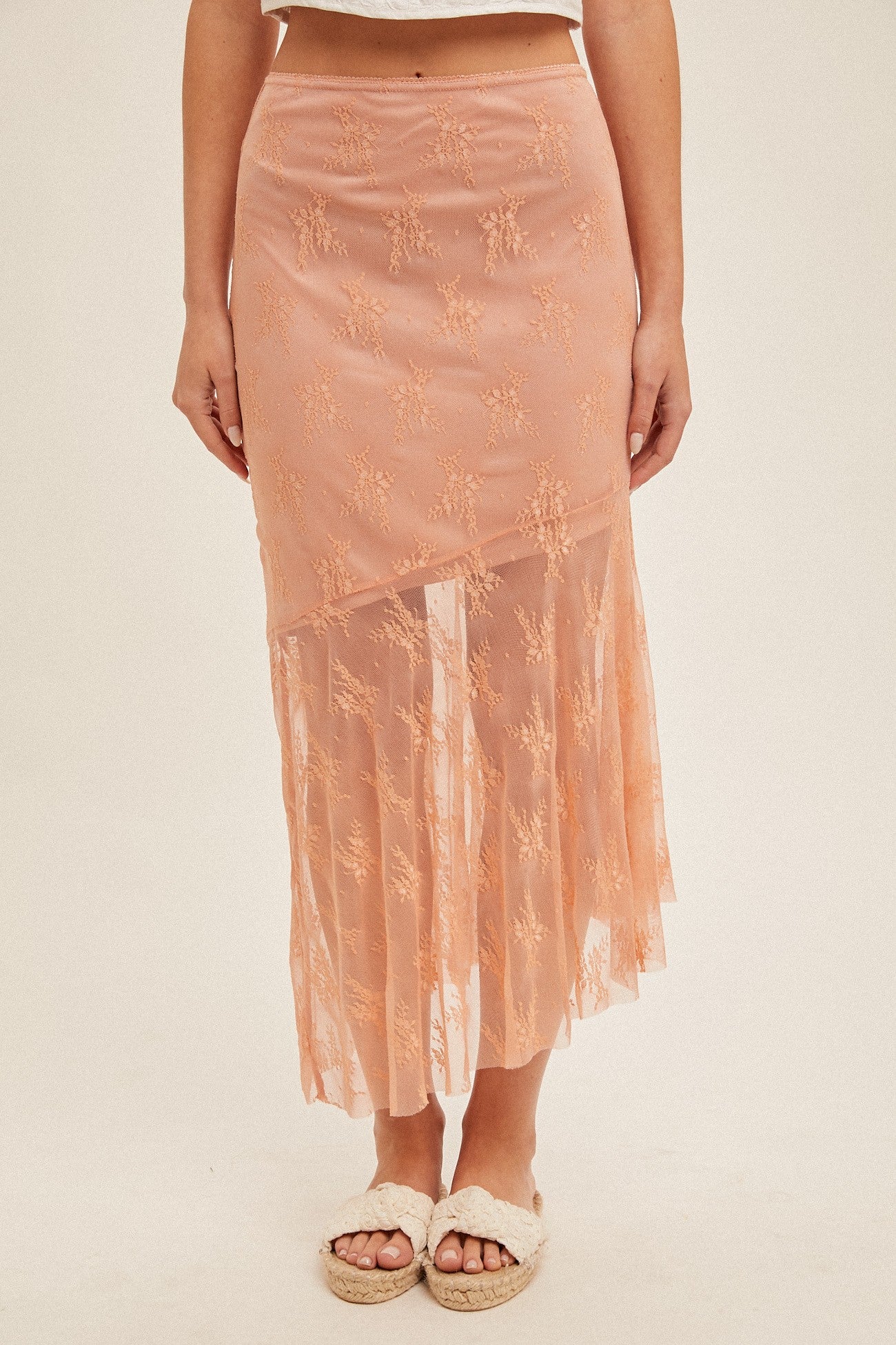 Coral Asymmetrical Lace Midi Skirt