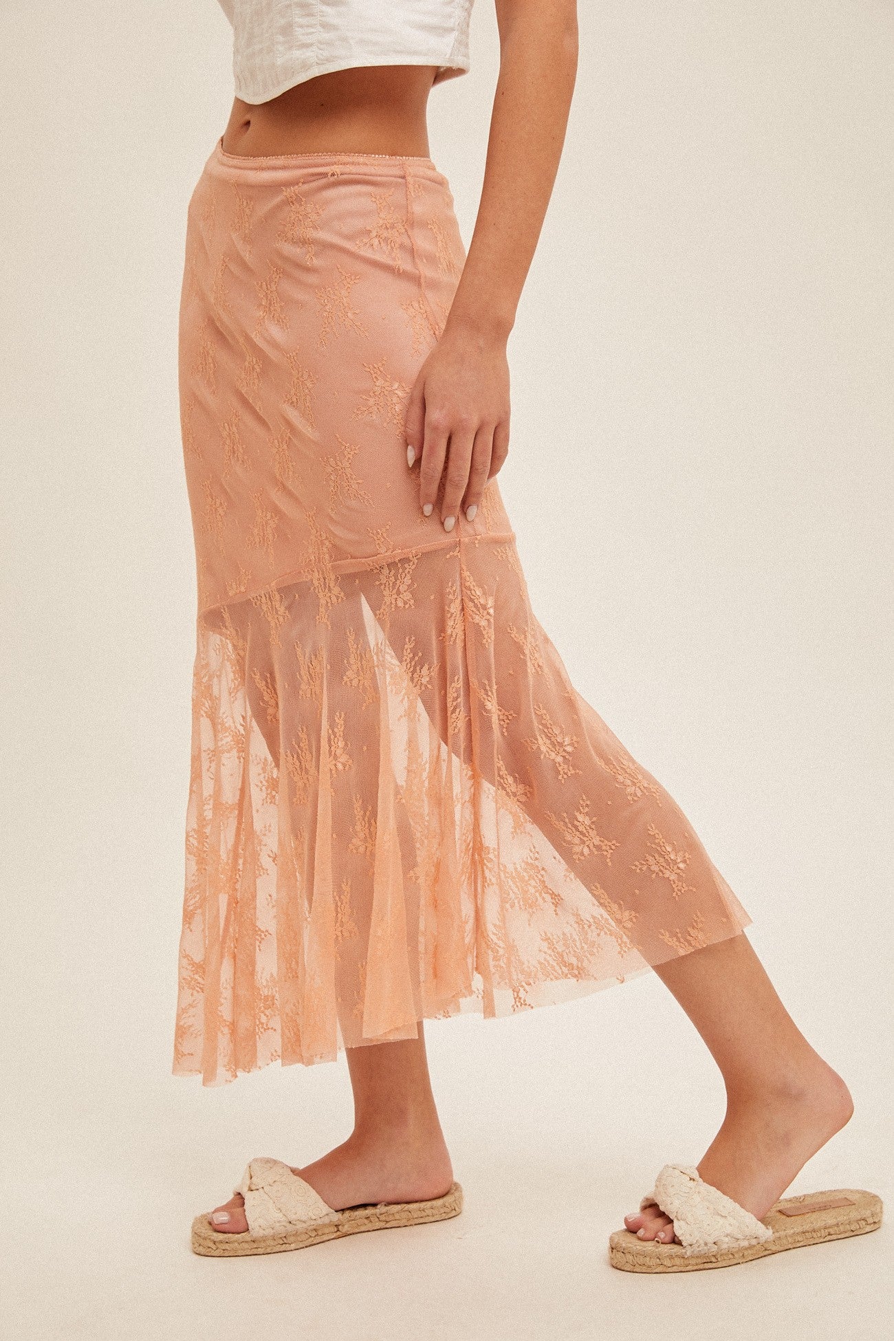 Coral Asymmetrical Lace Midi Skirt