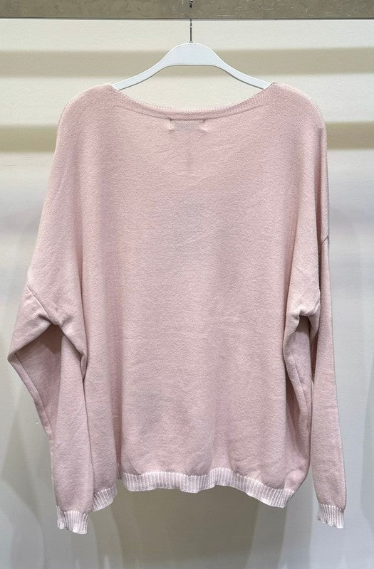Blush V-Neck Long Sleeve Fringe Fuzzy Love Sweater