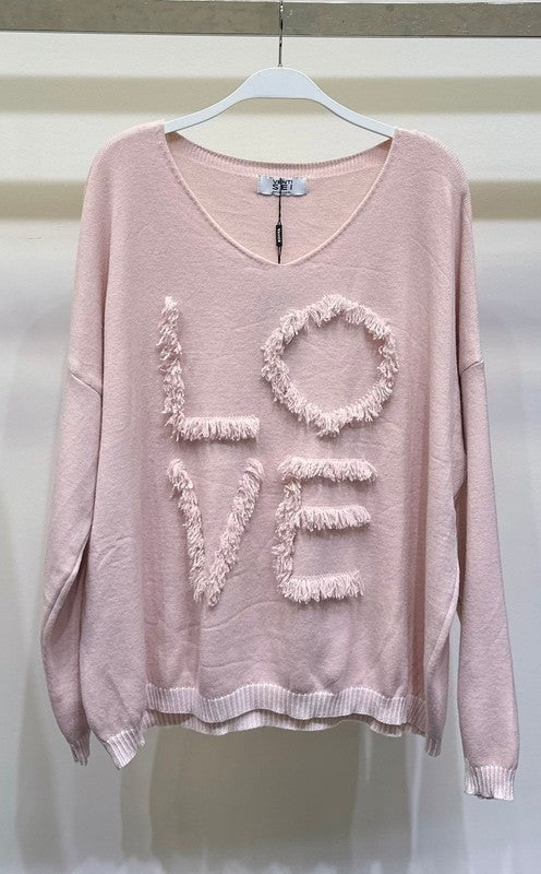 Blush V-Neck Long Sleeve Fringe Fuzzy Love Sweater