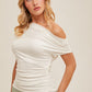 Asymmetrical Neck Line Ruched Knit Top (Assorted Colors)