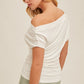 Asymmetrical Neck Line Ruched Knit Top (Assorted Colors)