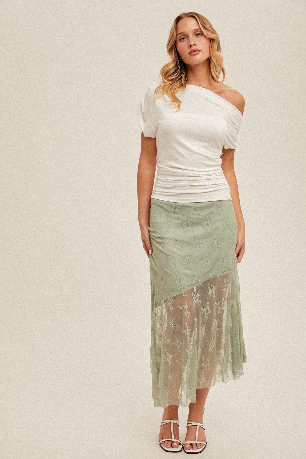 Asymmetrical Neck Line Ruched Knit Top (Assorted Colors)
