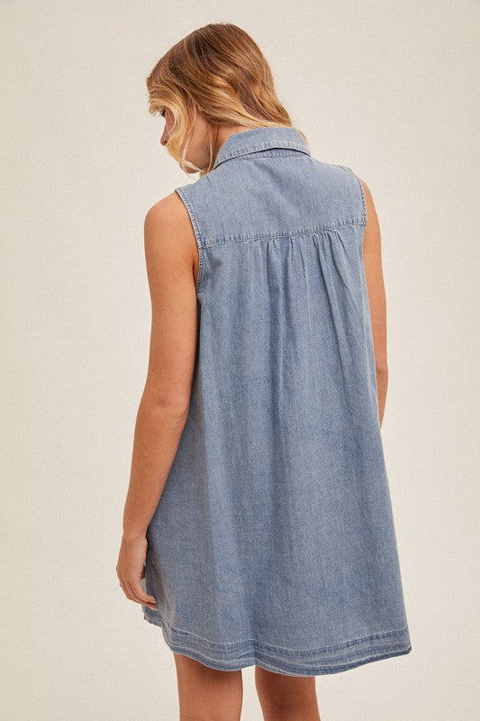 Pleated Collared Button Down Tencel Swing Dress