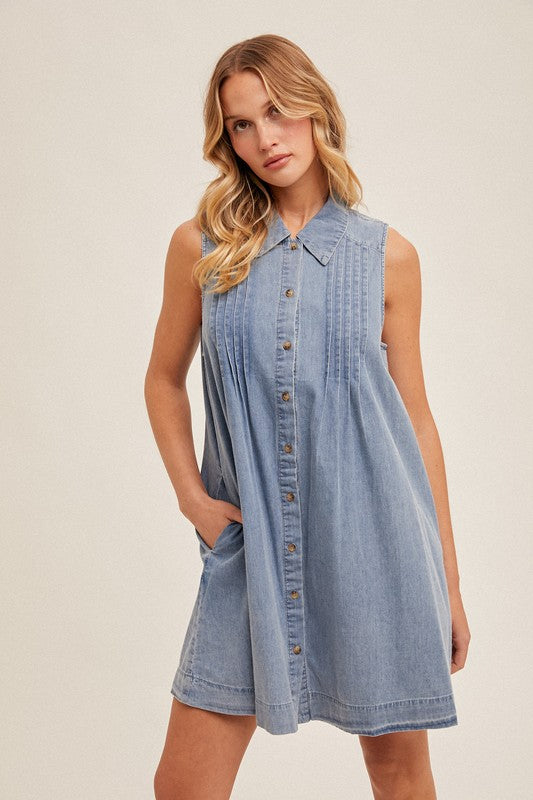 Pleated Collared Button Down Tencel Swing Dress