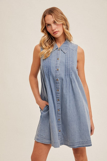 Pleated Collared Button Down Tencel Swing Dress