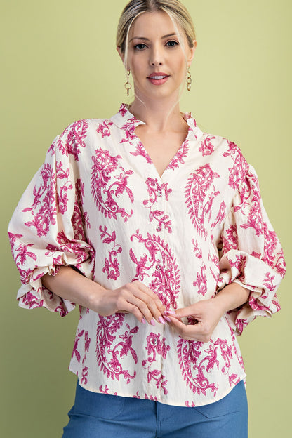Fuchsia Botton Down Blouse With 3/4 Length Balloon Sleeves