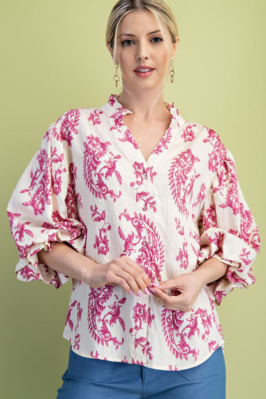 Fuchsia Botton Down Blouse With 3/4 Length Balloon Sleeves