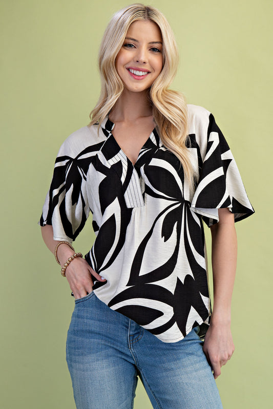 Black Mix Tropical Printed V-neck Top