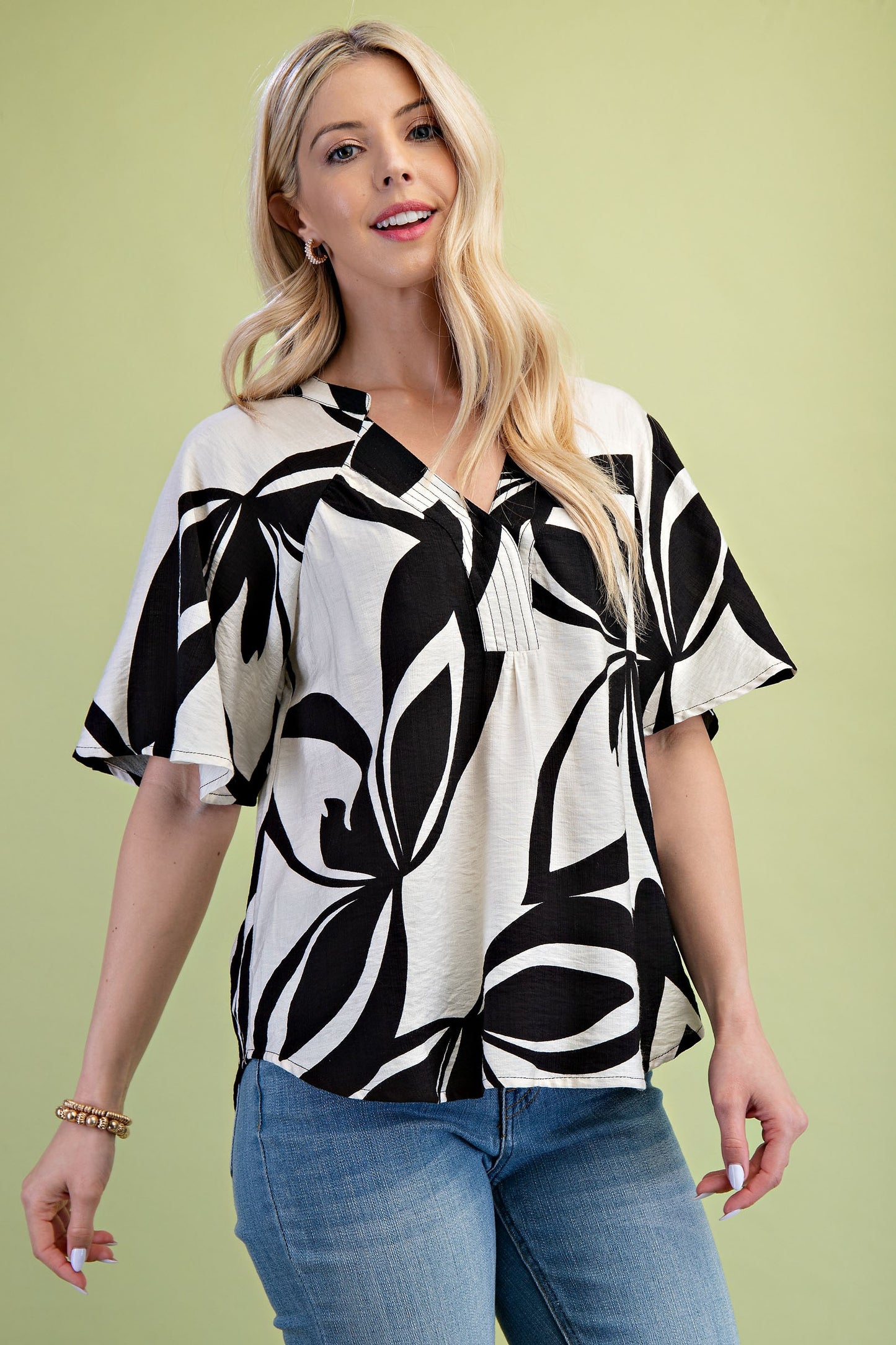 Black Mix Tropical Printed V-neck Top