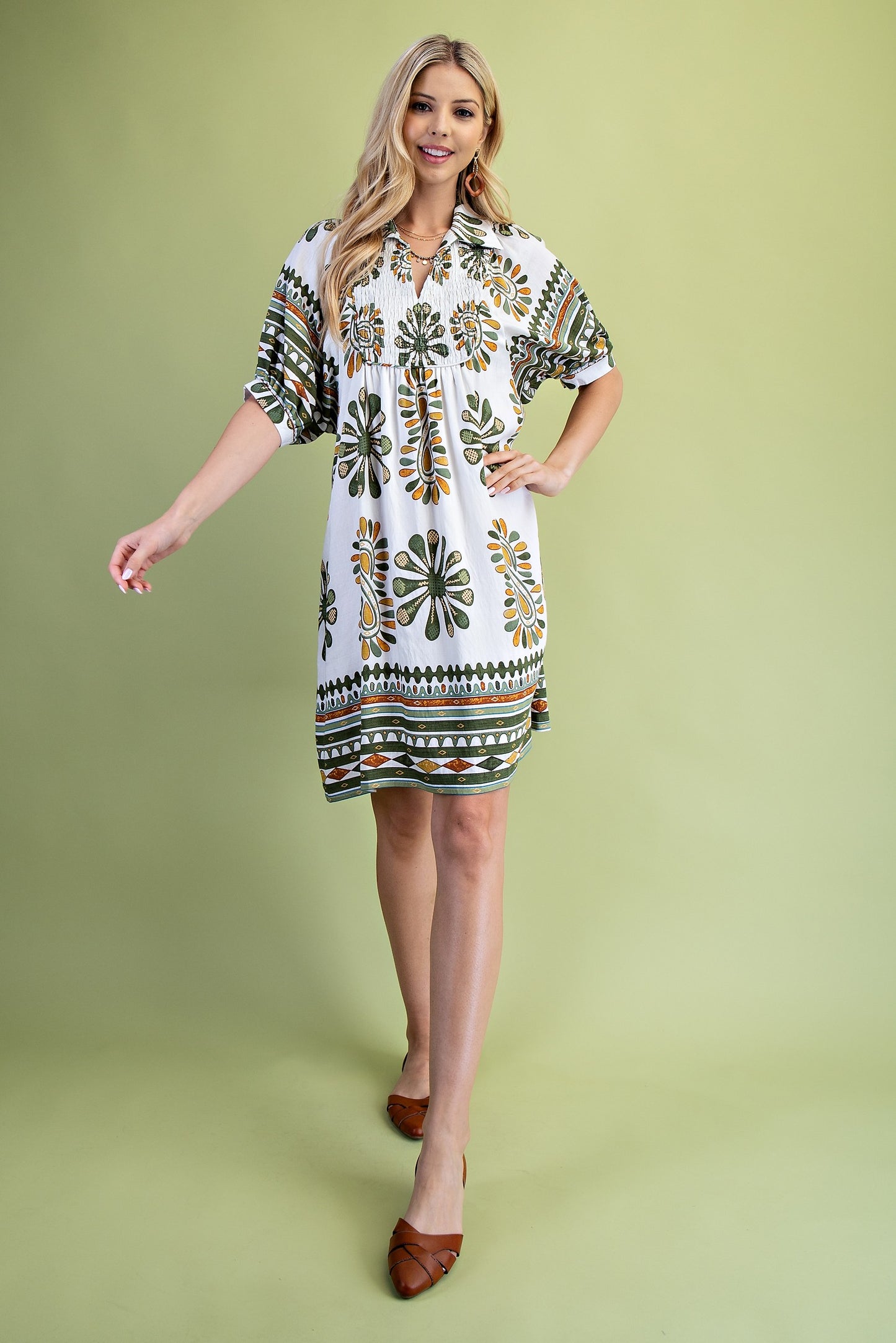 Olive Mix Printed Smocked Yoke Mini Dress