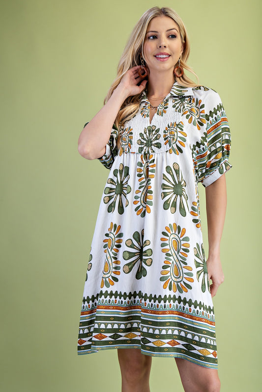 Olive Mix Printed Smocked Yoke Mini Dress