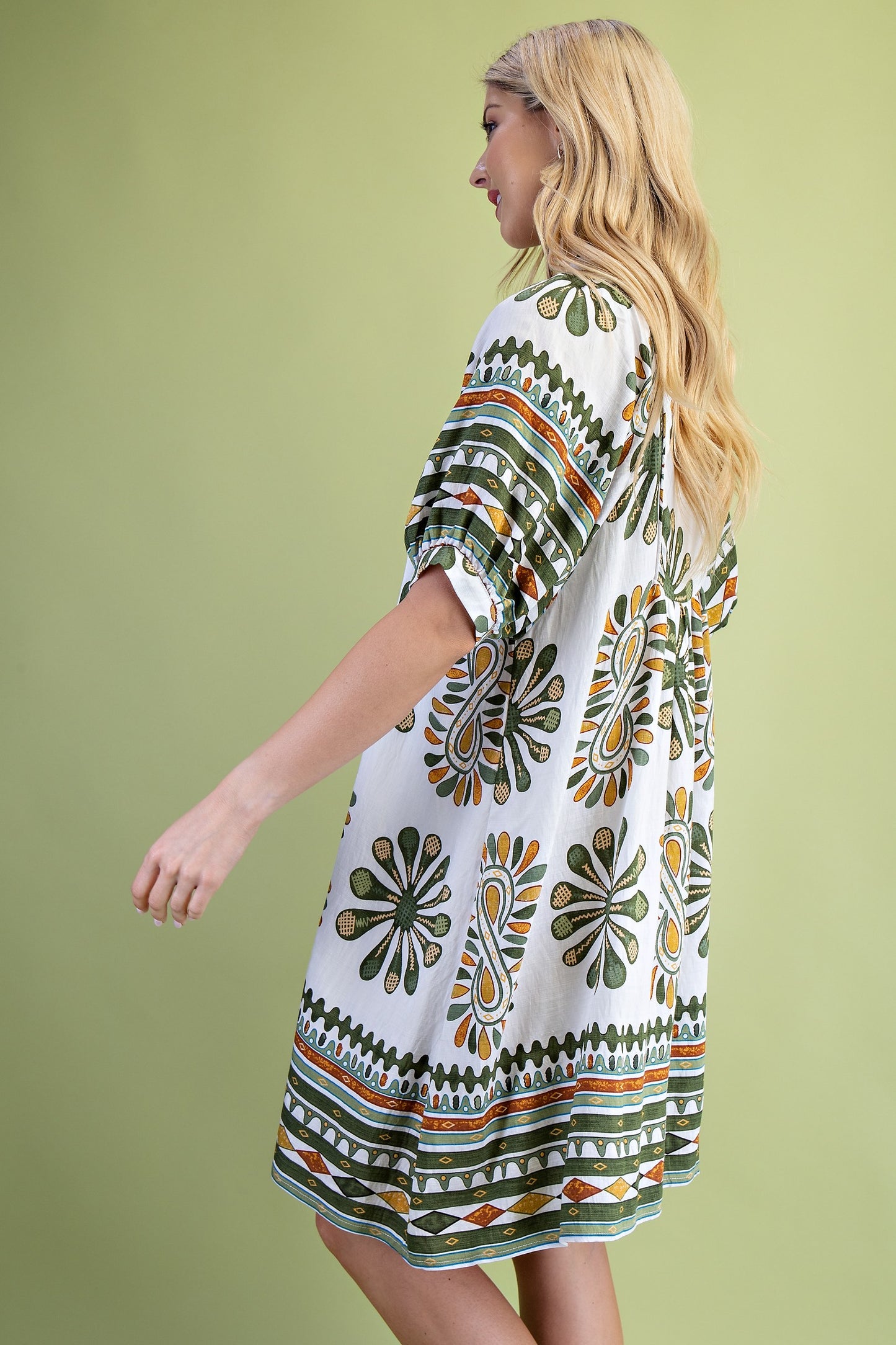 Olive Mix Printed Smocked Yoke Mini Dress
