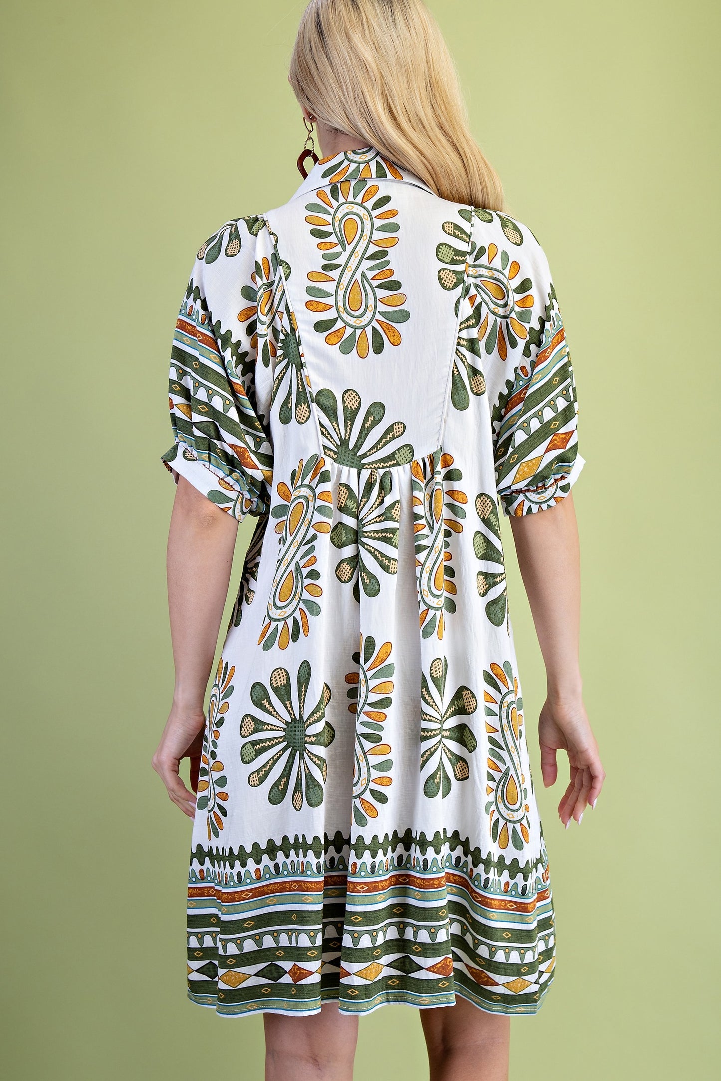 Olive Mix Printed Smocked Yoke Mini Dress