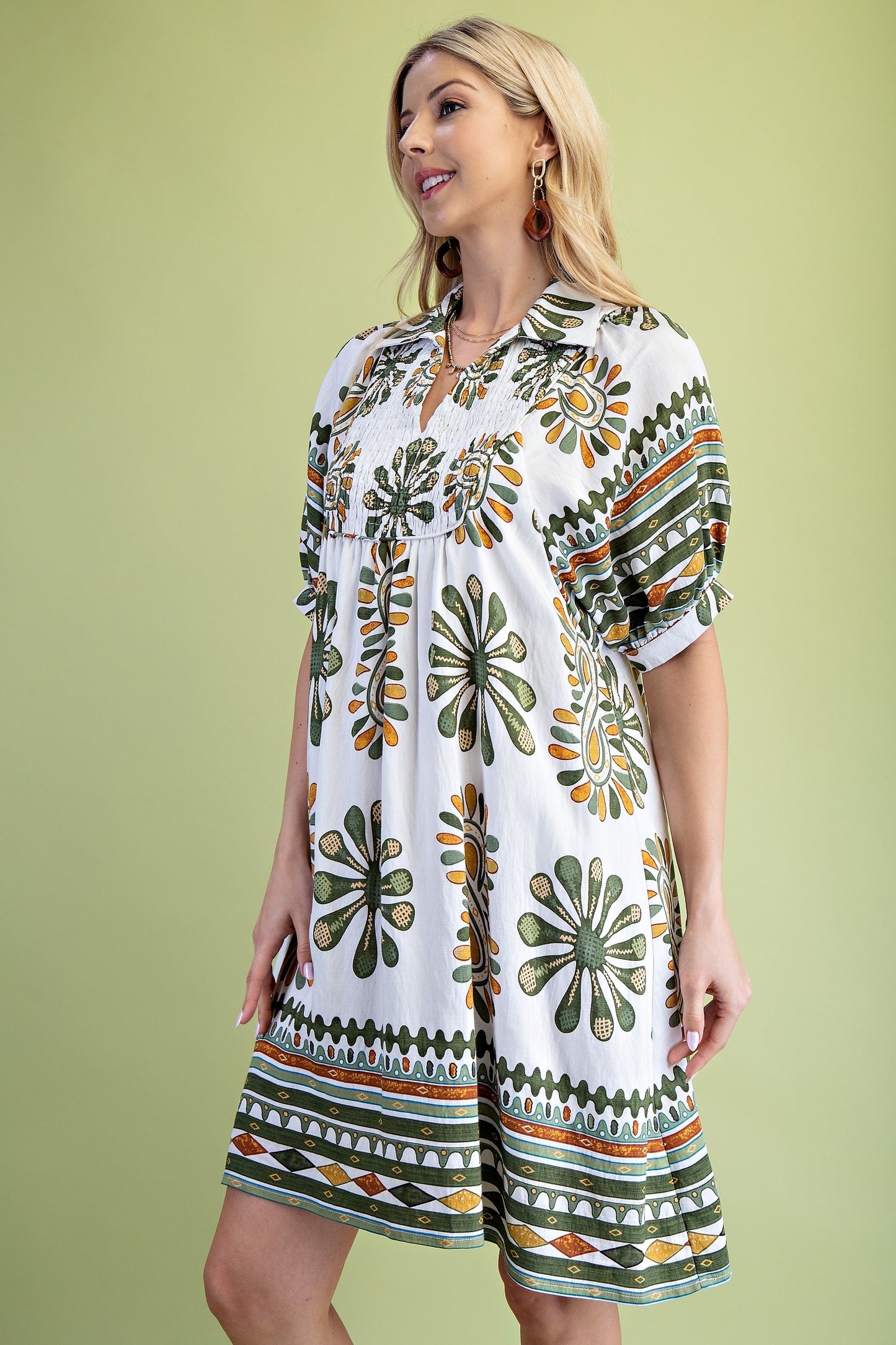 Olive Mix Printed Smocked Yoke Mini Dress