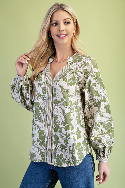 Moss Green Mix Floral Button Down V-neck Blouse Top