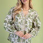 Moss Green Mix Floral Button Down V-neck Blouse Top