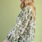 Moss Green Mix Floral Button Down V-neck Blouse Top