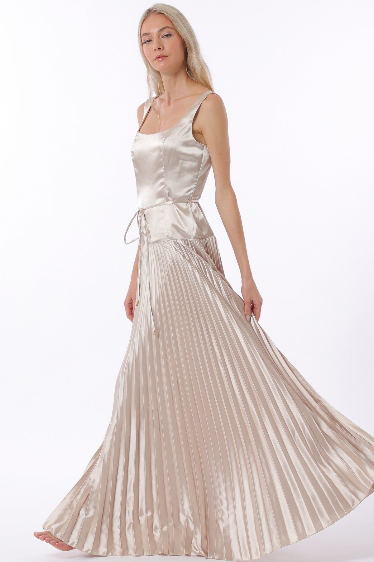 Champagne Sleeveless Tie Front Waisted Pleat Maxi Dress