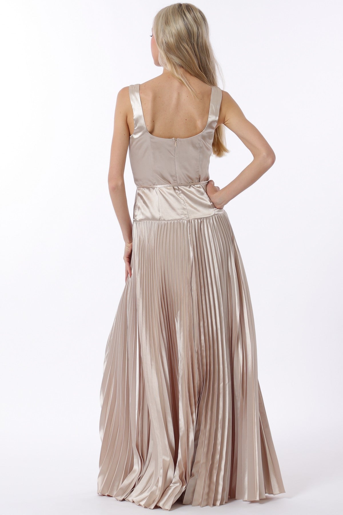 Champagne Sleeveless Tie Front Waisted Pleat Maxi Dress