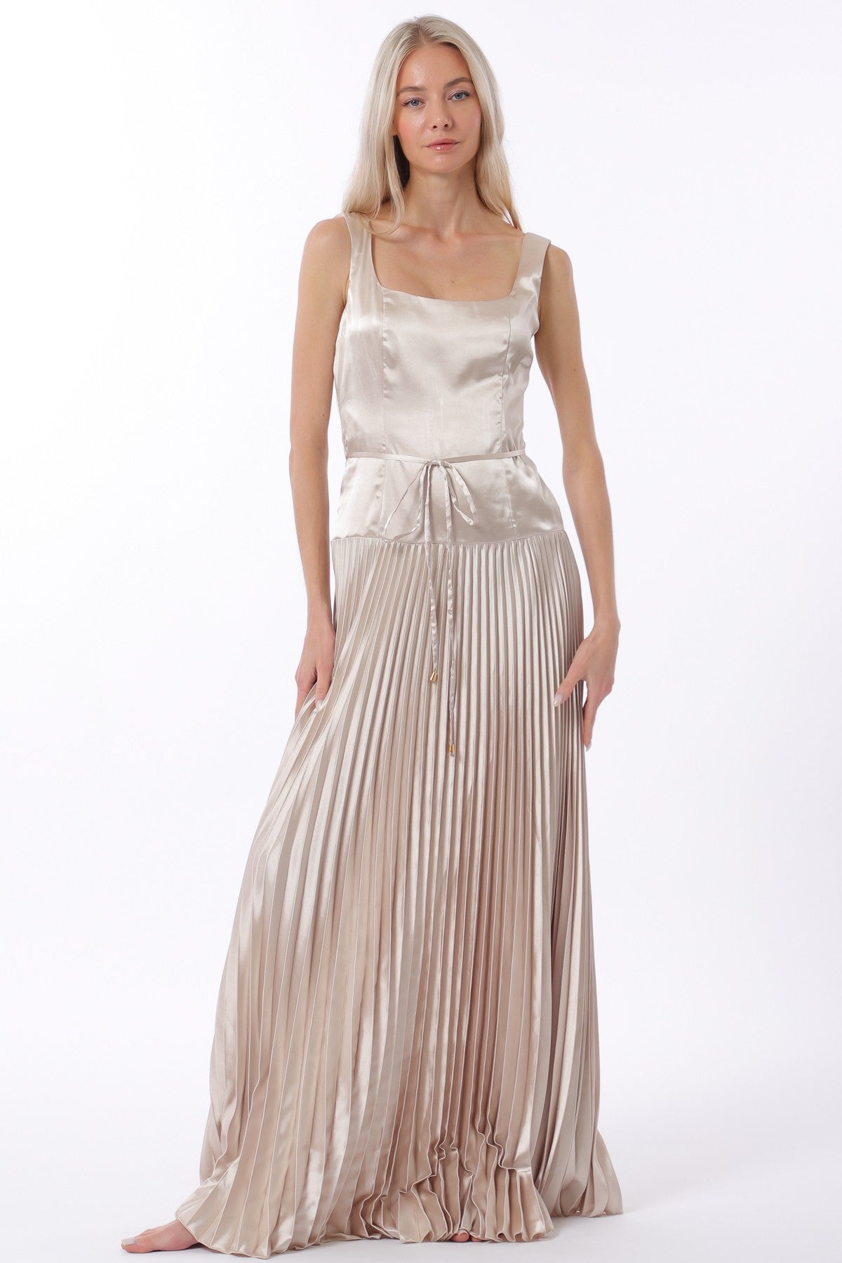 Champagne Sleeveless Tie Front Waisted Pleat Maxi Dress
