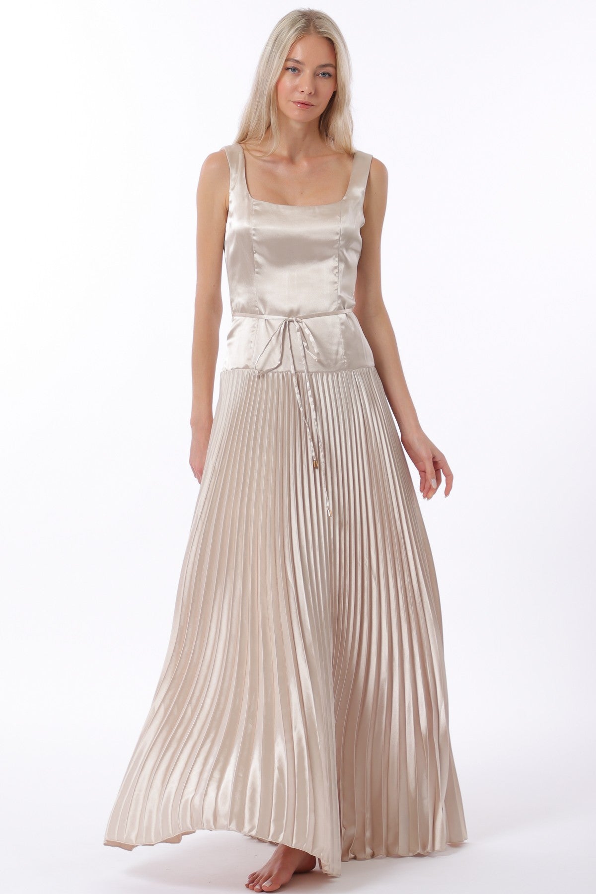 Champagne Sleeveless Tie Front Waisted Pleat Maxi Dress