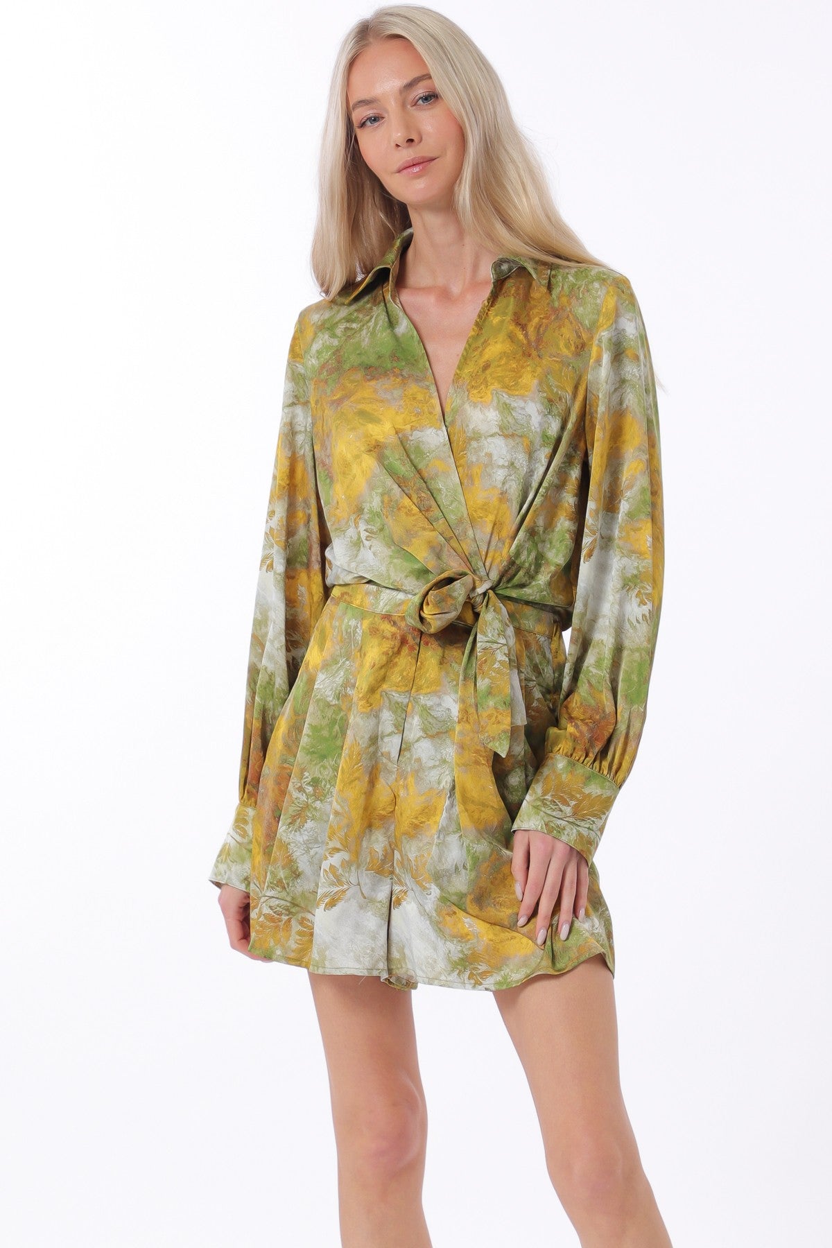Olive & Yellow Front Tie Waisted Elastic Back Waisted Romper