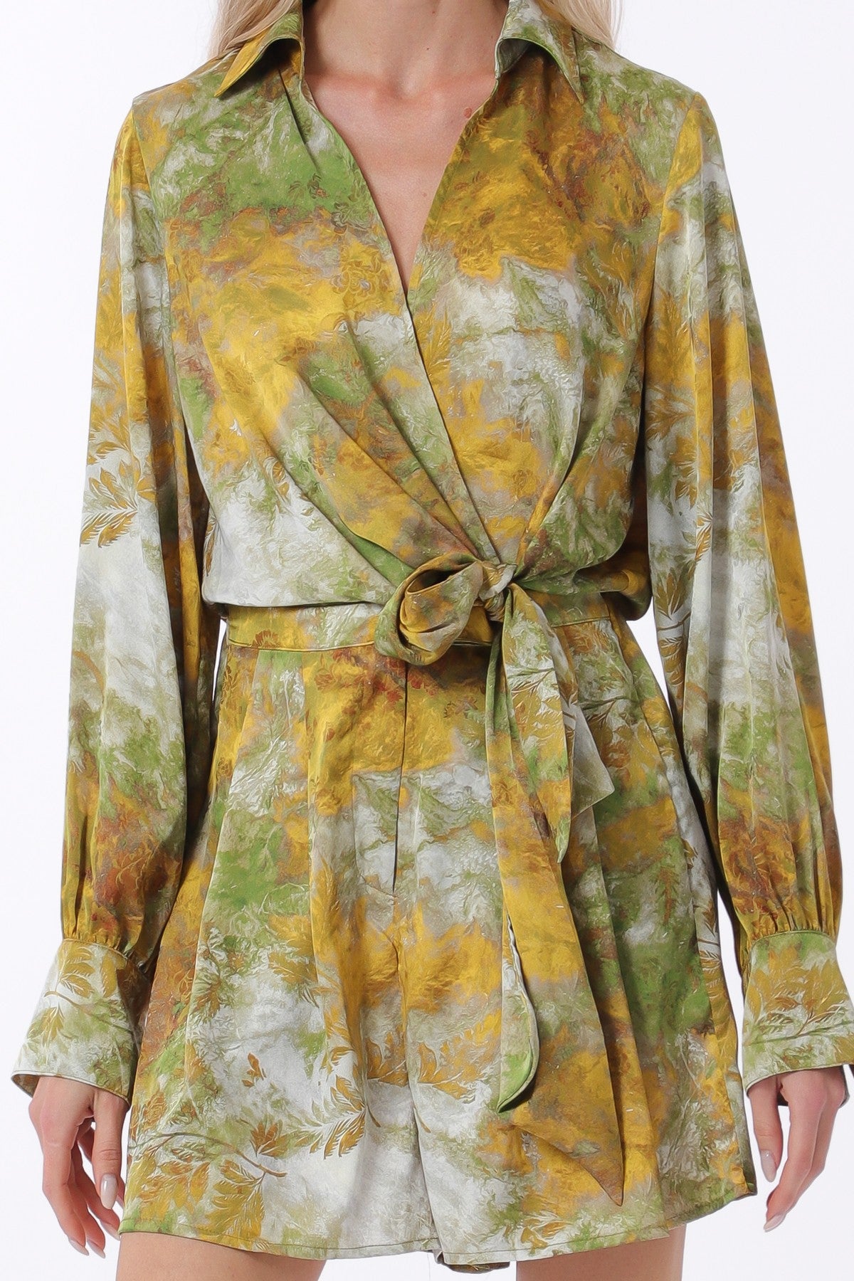 Olive & Yellow Front Tie Waisted Elastic Back Waisted Romper