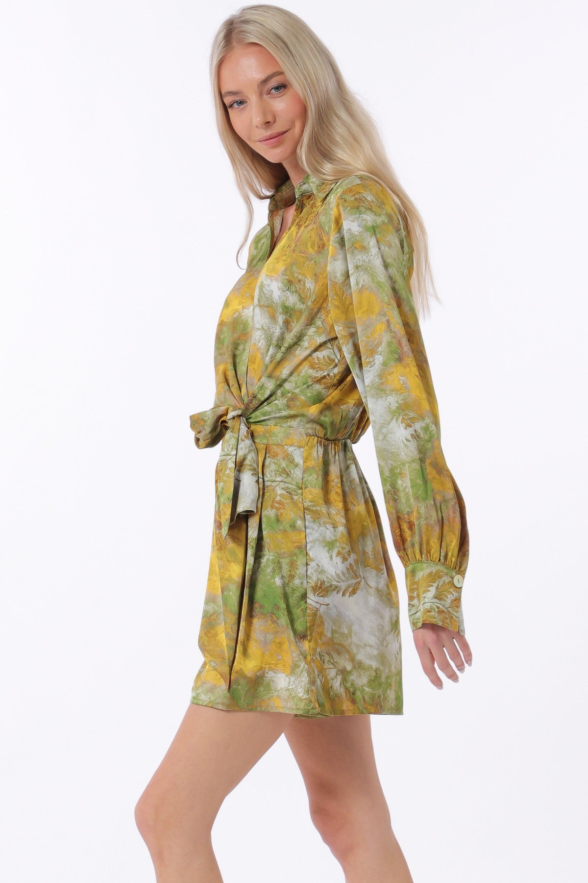 Olive & Yellow Front Tie Waisted Elastic Back Waisted Romper