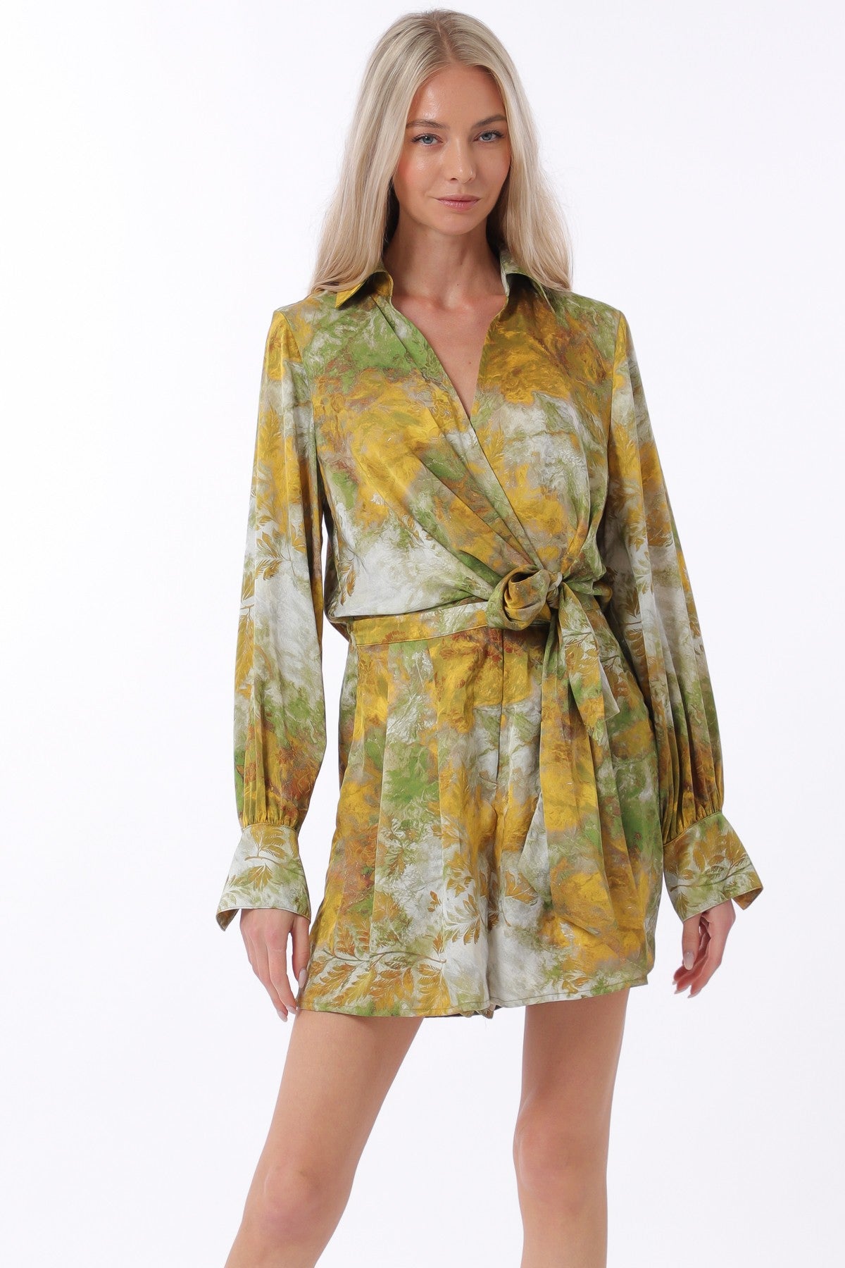 Olive & Yellow Front Tie Waisted Elastic Back Waisted Romper