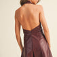 Red Wine Deep V Halter Neck Leather Romper