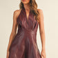 Red Wine Deep V Halter Neck Leather Romper