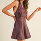 Red Wine Deep V Halter Neck Leather Romper