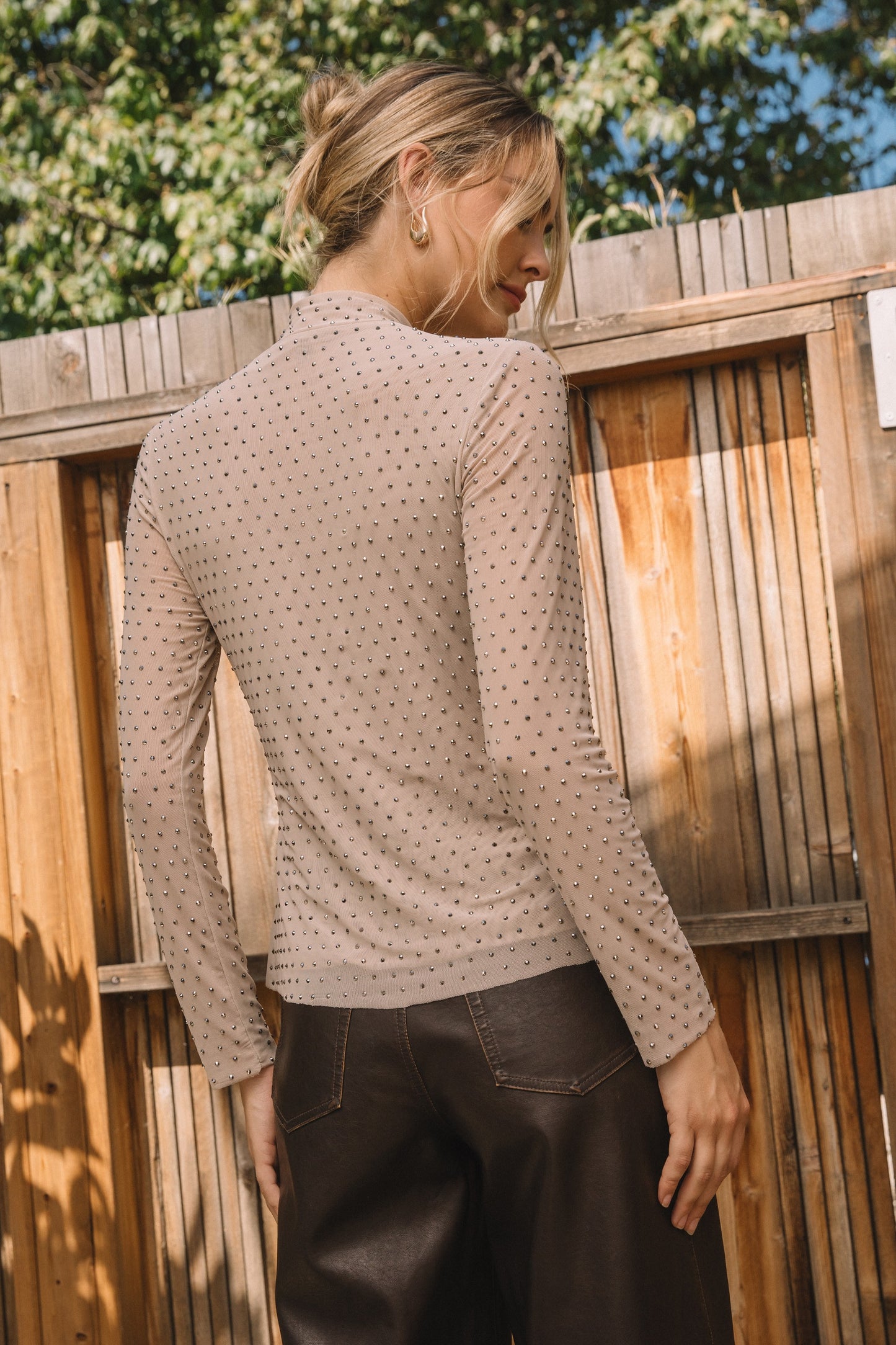 Embellished Mesh Mock Neck Top