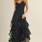 Black Lace V Neck Ruffled Cami Dress