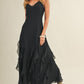 Black Lace V Neck Ruffled Cami Dress